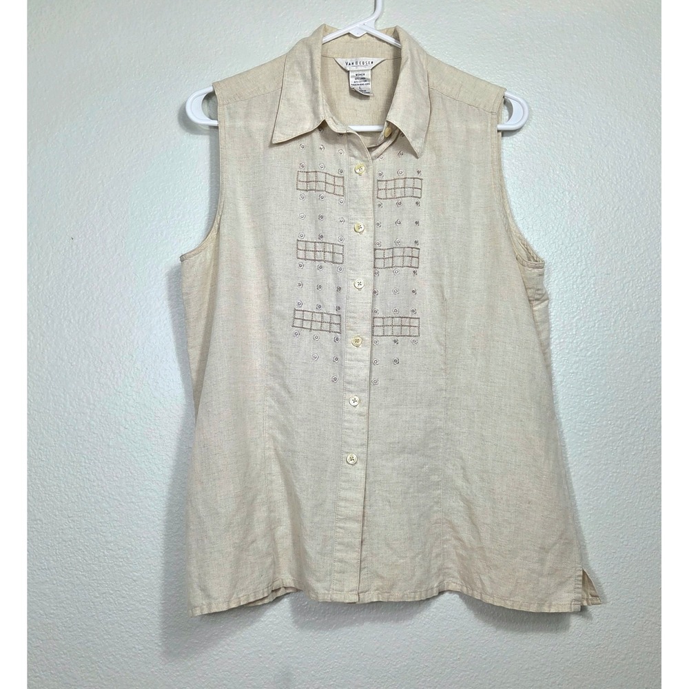 Van Heusen Beige Linen Blend Sleeveless Embroidered Button Down Blouse Large